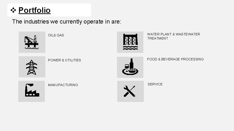 v Portfolio The industries we currently operate in are: OIL& GAS WATER PLANT &