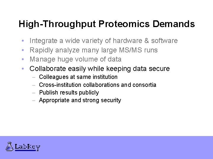 High-Throughput Proteomics Demands • • Integrate a wide variety of hardware & software Rapidly