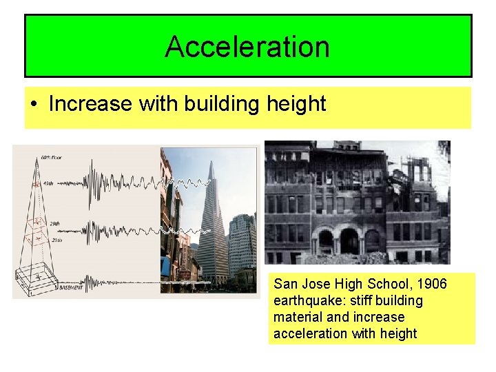 Acceleration • Increase with building height San Jose High School, 1906 earthquake: stiff building