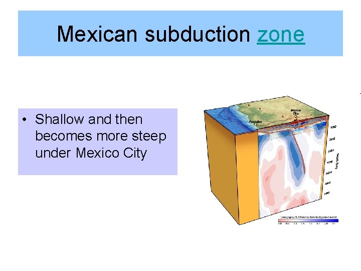 Mexican subduction zone • Shallow and then becomes more steep under Mexico City 