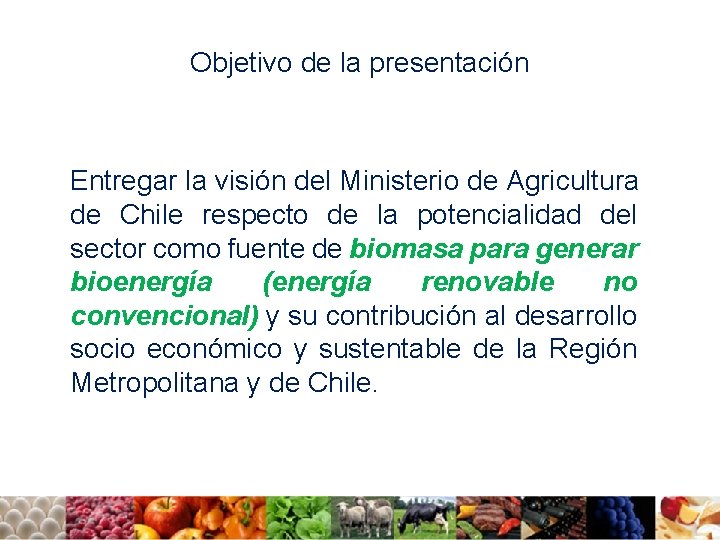 Objetivo de la presentación Entregar la visión del Ministerio de Agricultura de Chile respecto