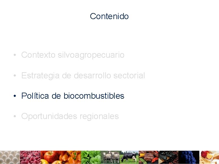 Contenido • Contexto silvoagropecuario • Estrategia de desarrollo sectorial • Política de biocombustibles •