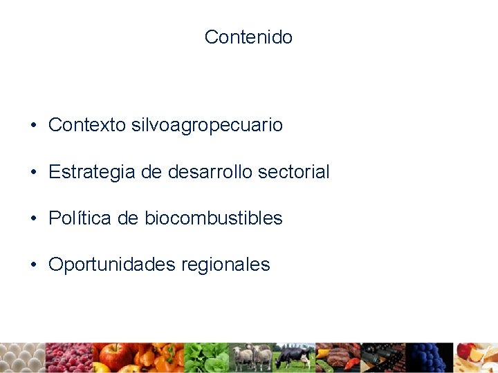 Contenido • Contexto silvoagropecuario • Estrategia de desarrollo sectorial • Política de biocombustibles •