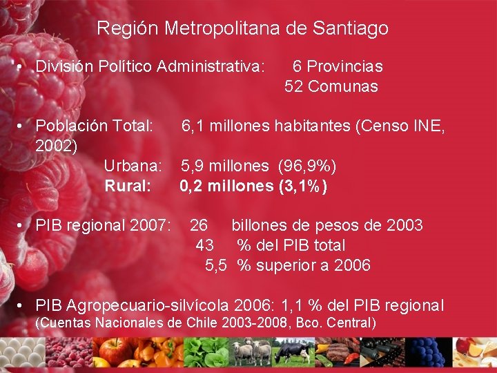 Región Metropolitana de Santiago • División Político Administrativa: 6 Provincias 52 Comunas • Población