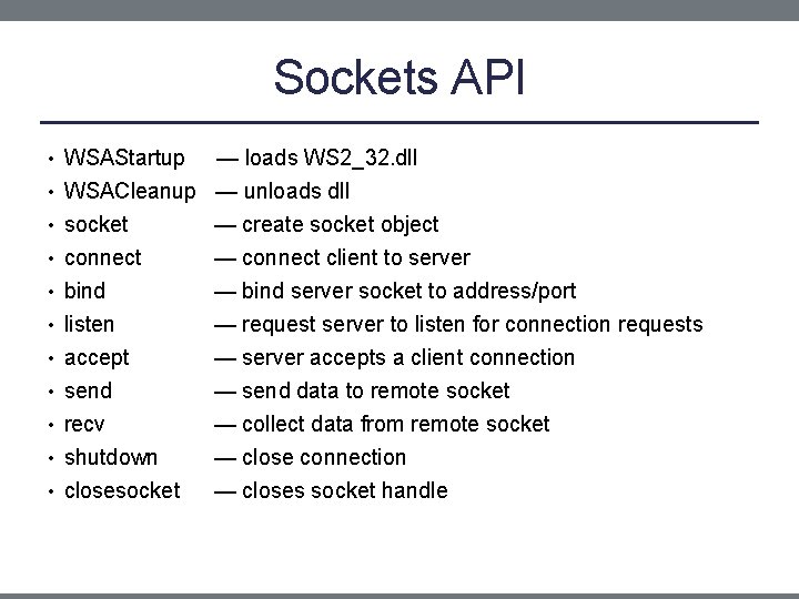 Sockets API • WSAStartup — loads WS 2_32. dll • WSACleanup — unloads dll