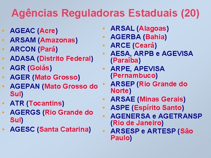 Agências Reguladoras Estaduais (20) • • AGEAC (Acre) ARSAM (Amazonas) ARCON (Pará) ADASA (Distrito