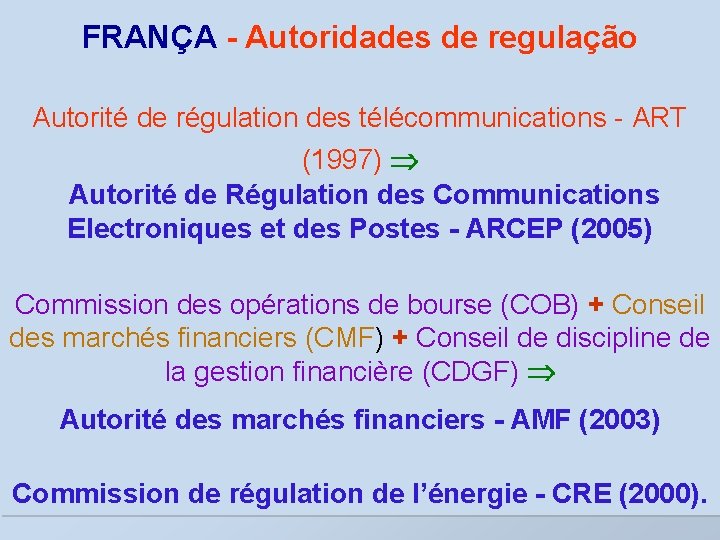 FRANÇA - Autoridades de regulação Autorité de régulation des télécommunications - ART (1997) Autorité