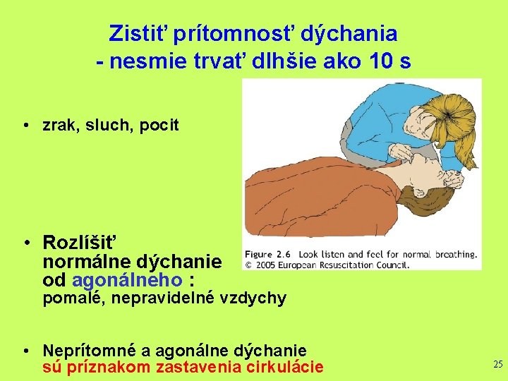 Zistiť prítomnosť dýchania - nesmie trvať dlhšie ako 10 s • zrak, sluch, pocit