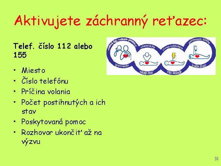 Aktivujete záchranný reťazec: Telef. číslo 112 alebo 155 • • Miesto Číslo telefónu Príčina