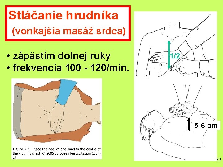 Stláčanie hrudníka (vonkajšia masáž srdca) • zápästím dolnej ruky • frekvencia 100 - 120/min.