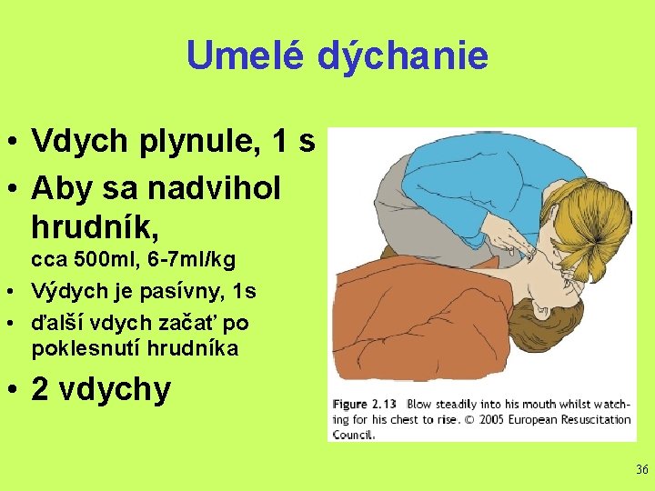 Umelé dýchanie • Vdych plynule, 1 s • Aby sa nadvihol hrudník, cca 500