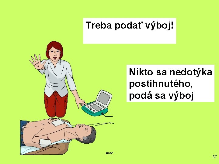 SHOCK Treba podať výboj! INDICATED Nikto sa clear nedotýka • Stand postihnutého, • Deliver