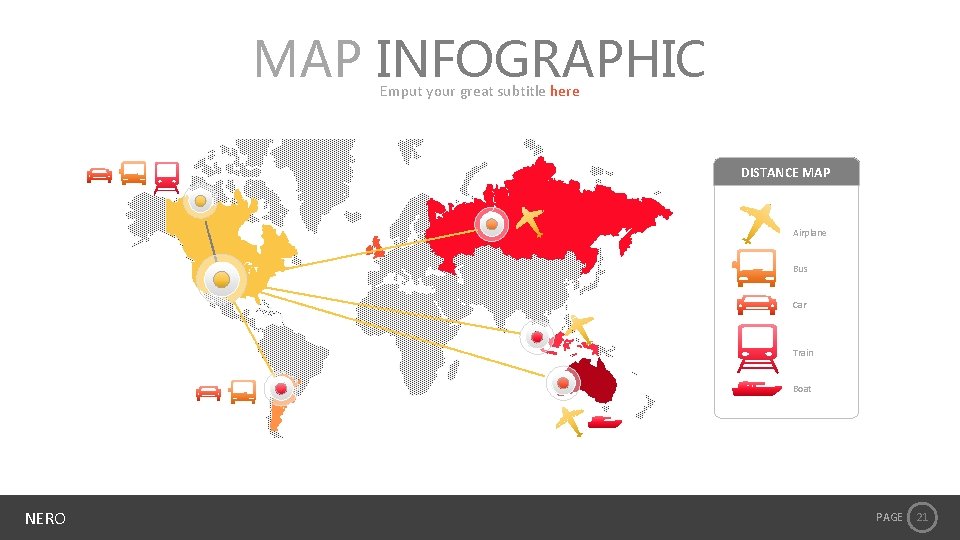 MAP INFOGRAPHIC Emput your great subtitle here DISTANCE MAP Airplane Bus Car Train Boat