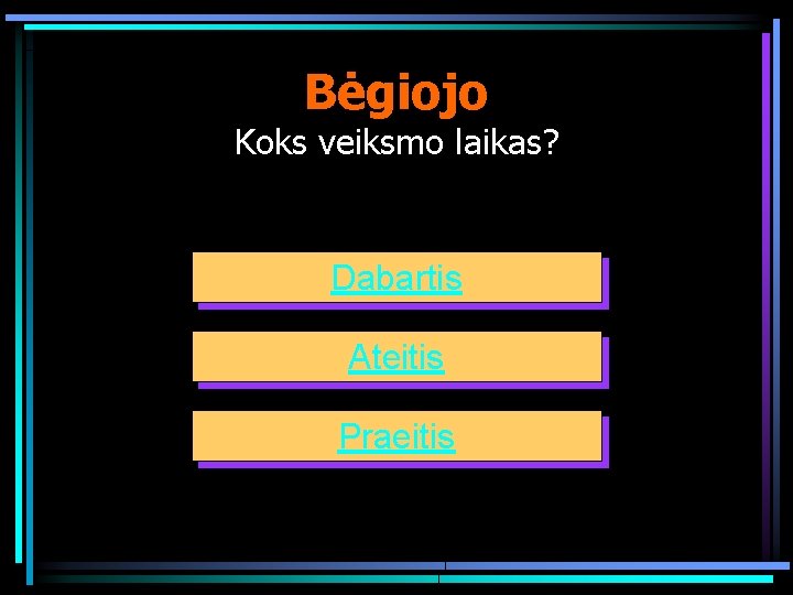 Bėgiojo Koks veiksmo laikas? Dabartis Ateitis Praeitis 