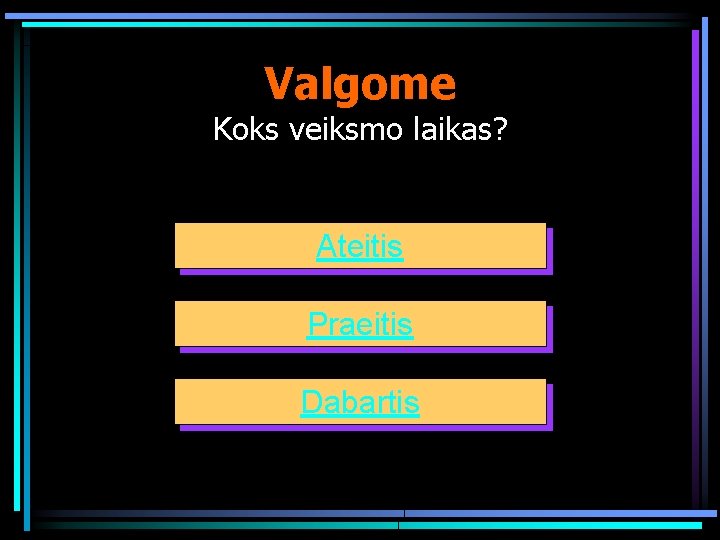 Valgome Koks veiksmo laikas? Ateitis Praeitis Dabartis 