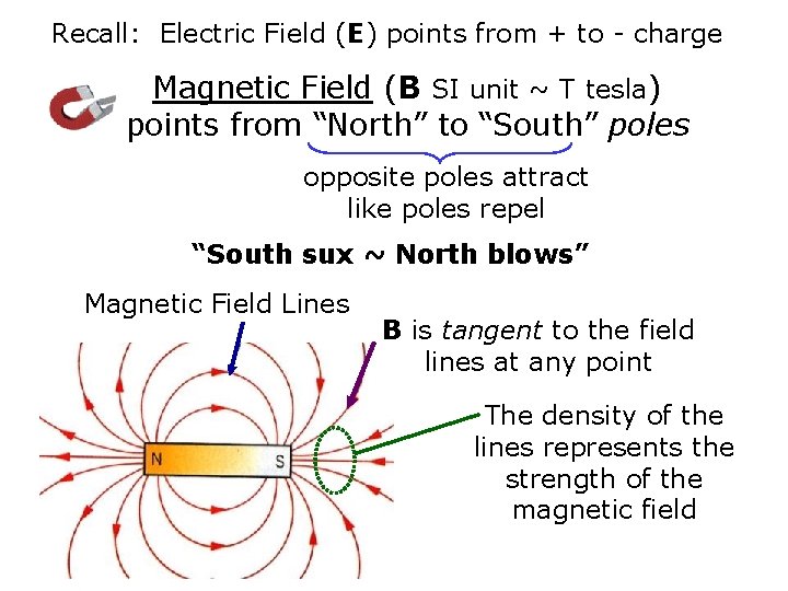 Recall: Electric Field (E) points from + to - charge Magnetic Field (B SI