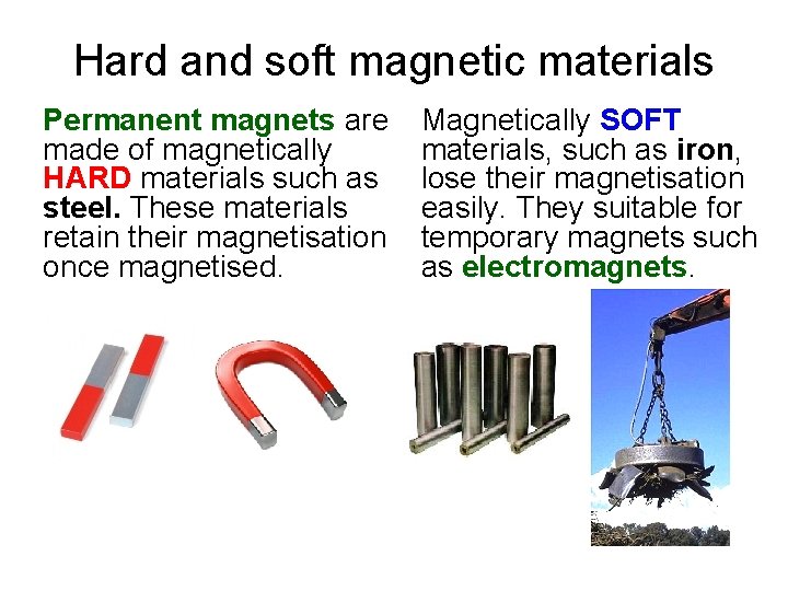Hard and soft magnetic materials Permanent magnets are made of magnetically HARD materials such
