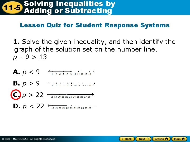 Solving Inequalities by 11 -5 Adding or Subtracting Lesson Quiz for Student Response Systems