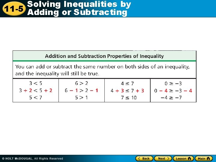 Solving Inequalities by 11 -5 Adding or Subtracting 