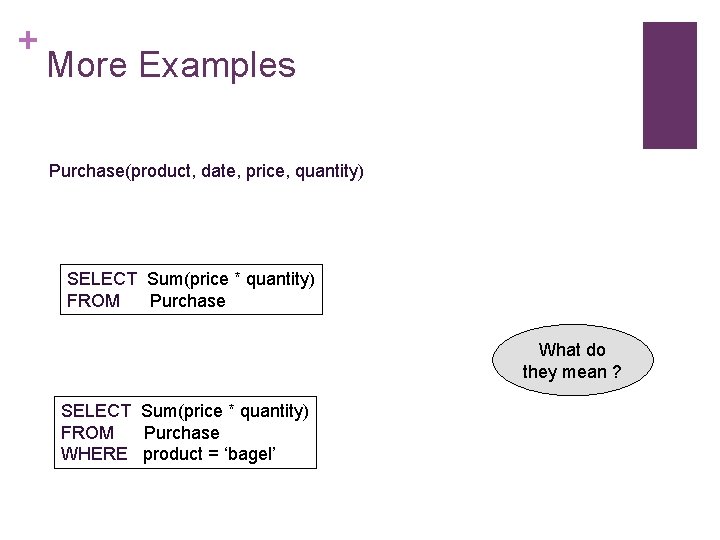 + More Examples Purchase(product, date, price, quantity) SELECT Sum(price * quantity) FROM Purchase What