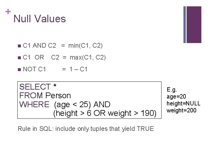 + Null Values n C 1 AND C 2 = min(C 1, C 2)