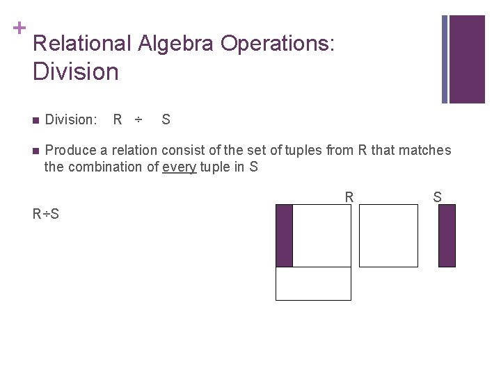 + Relational Algebra Operations: Division n Division: R ÷ S n Produce a relation