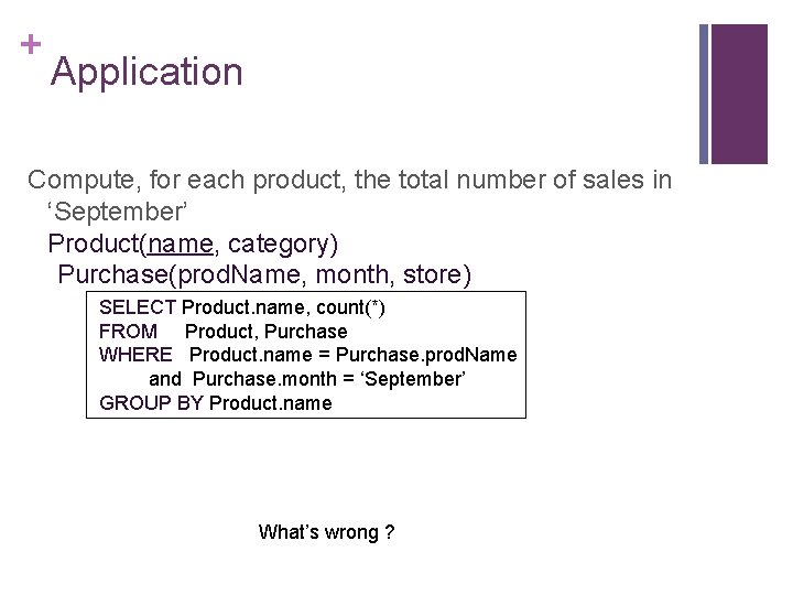 + Application Compute, for each product, the total number of sales in ‘September’ Product(name,