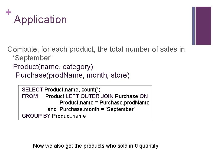 + Application Compute, for each product, the total number of sales in ‘September’ Product(name,