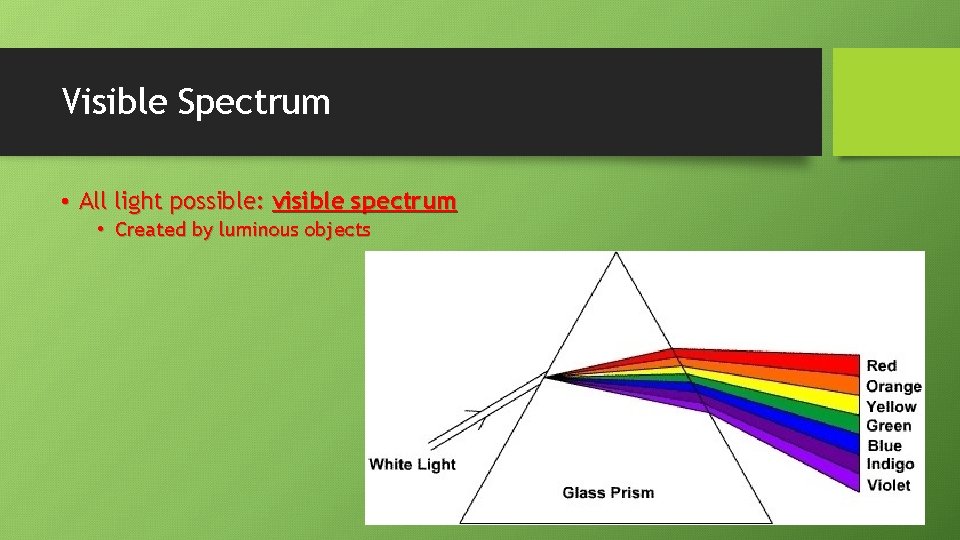 Visible Spectrum • All light possible: visible spectrum • Created by luminous objects 