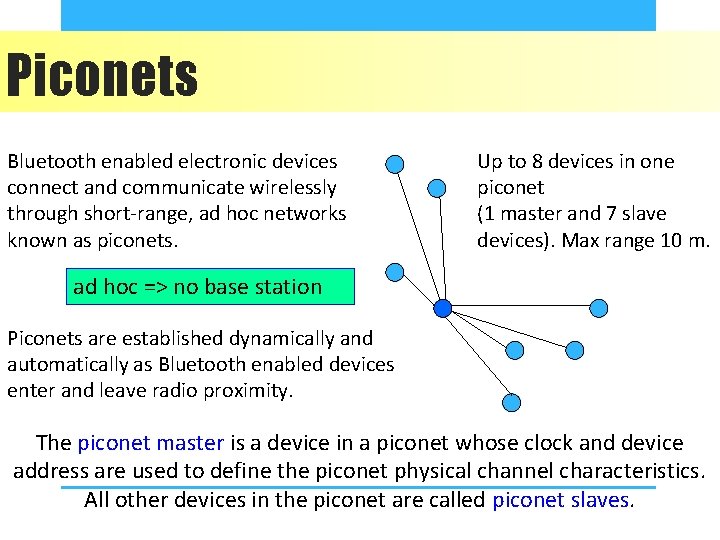 Piconets Bluetooth enabled electronic devices connect and communicate wirelessly through short-range, ad hoc networks