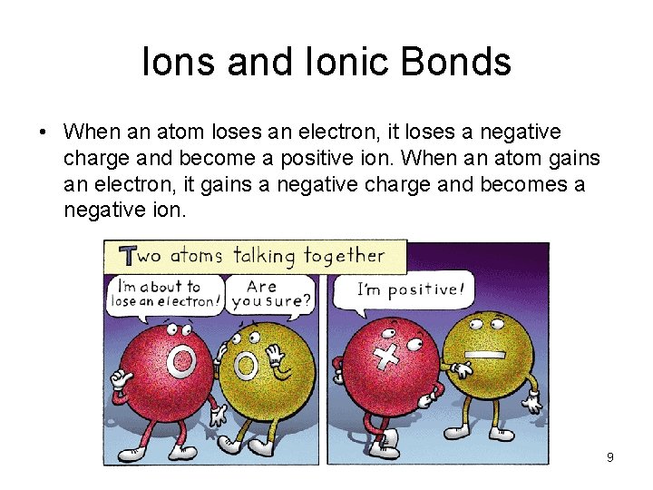 - Ionic Bonds Ions and Ionic Bonds • When an atom loses an electron,