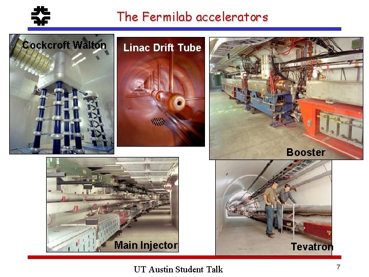 f Cockcroft Walton The Fermilab accelerators Linac Drift Tube Booster Main Injector UT Austin