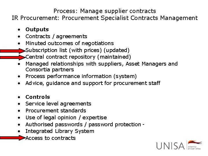 Process: Manage supplier contracts IR Procurement: Procurement Specialist Contracts Management • • • Outputs