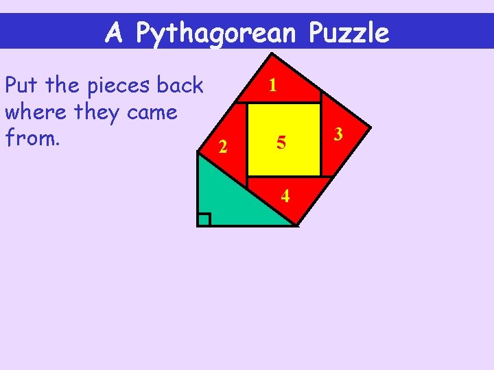 A Pythagorean Puzzle Put the pieces back where they came from. 2 1 5