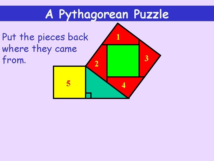 A Pythagorean Puzzle Put the pieces back where they came from. 2 5 1