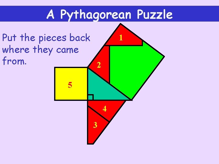 A Pythagorean Puzzle Put the pieces back where they came from. 2 1 5