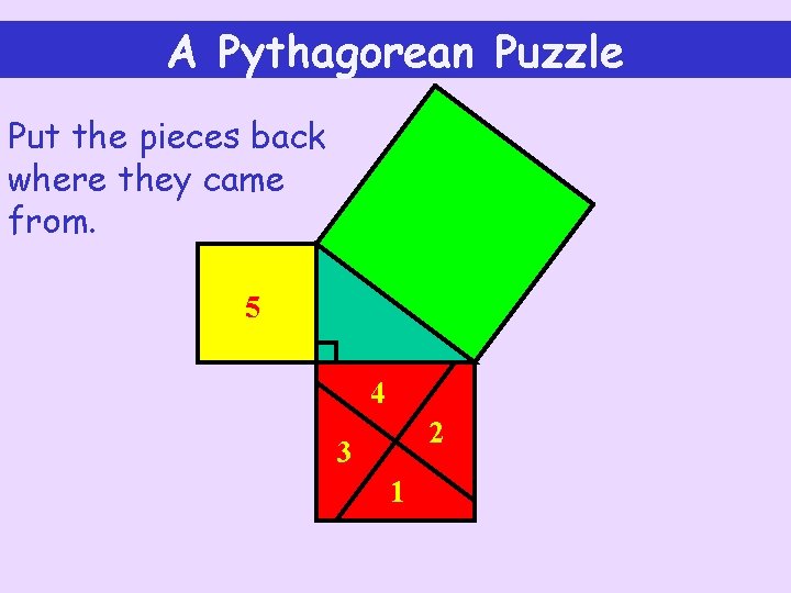 A Pythagorean Puzzle Put the pieces back where they came from. 5 4 2
