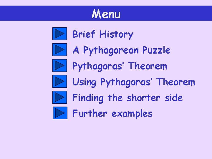 Menu Brief History A Pythagorean Puzzle Pythagoras’ Theorem Using Pythagoras’ Theorem Finding the shorter