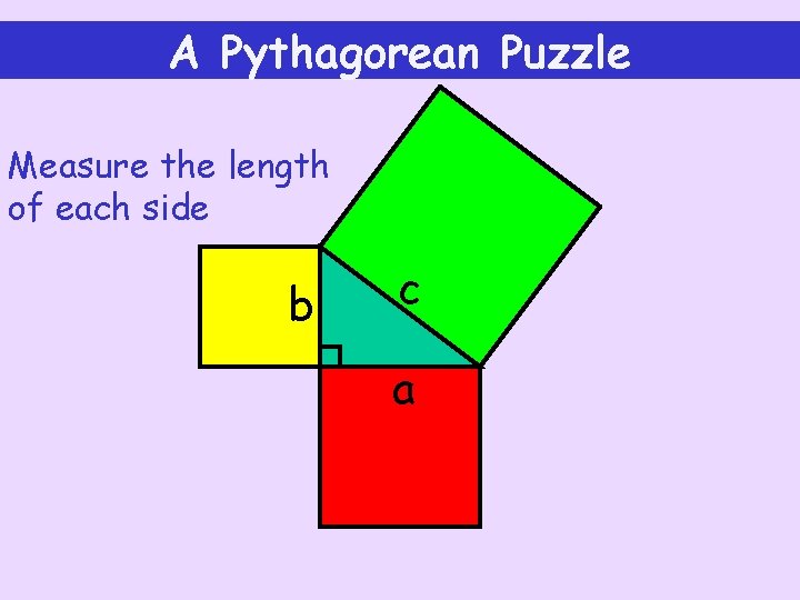 A Pythagorean Puzzle Measure the length of each side b c a 