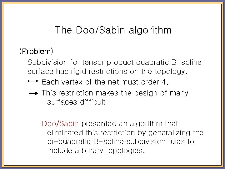 The Doo/Sabin algorithm (Problem) Subdivision for tensor product quadratic B-spline surface has rigid restrictions