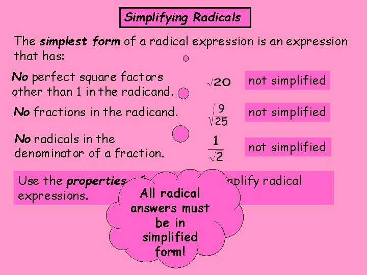 Simplifying Radicals The simplest form of a radical expression is an expression that has: