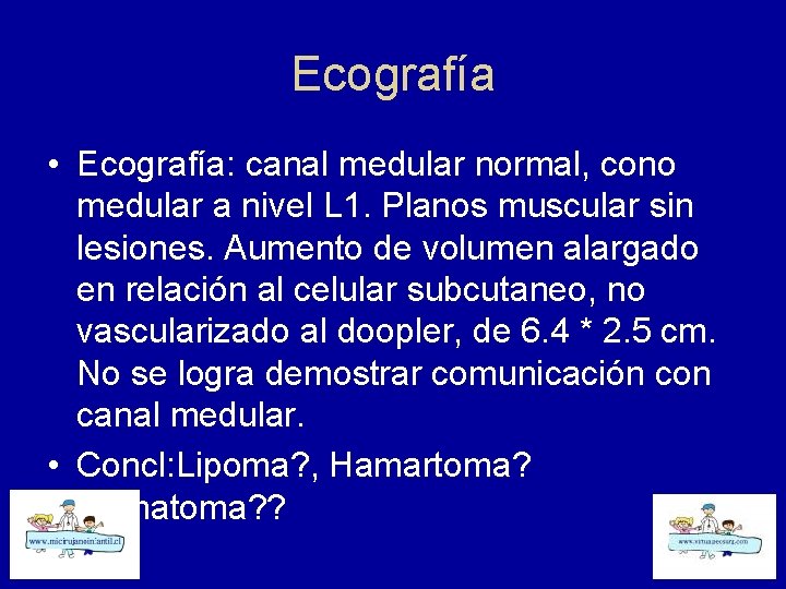 Ecografía • Ecografía: canal medular normal, cono medular a nivel L 1. Planos muscular