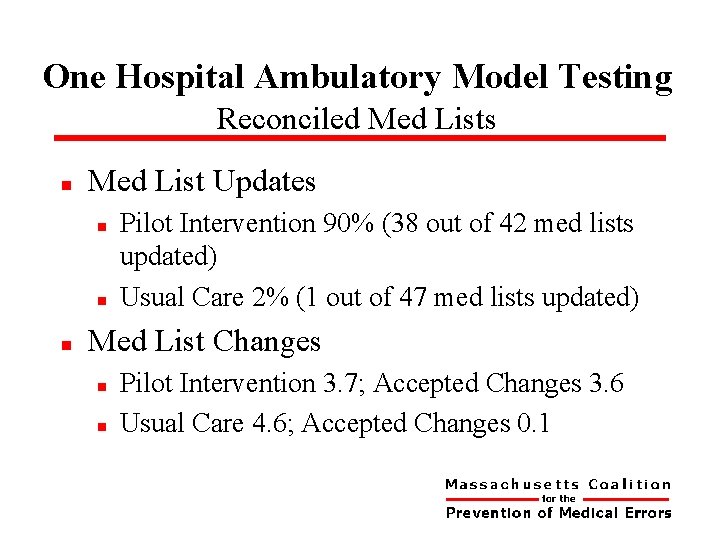 One Hospital Ambulatory Model Testing Reconciled Med Lists n Med List Updates n n