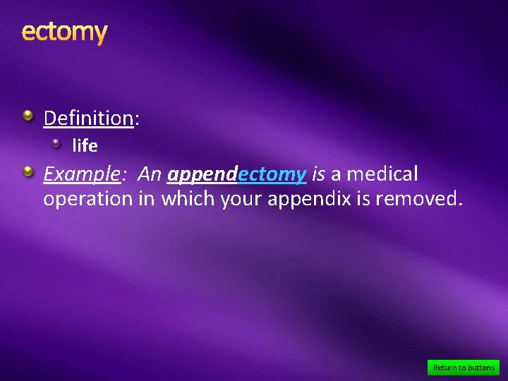 ectomy Definition: life Example: An appendectomy is a medical operation in which your appendix
