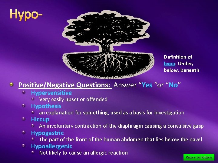 Hypo. Definition of hypo: Under, below, beneath Positive/Negative Questions: Answer “Yes “or “No” Hypersensitive