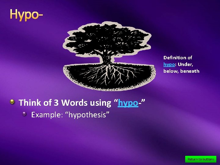 Hypo. Definition of hypo: Under, below, beneath Think of 3 Words using “hypo-” Example: