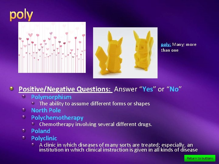 poly: Many; more than one Positive/Negative Questions: Answer “Yes” or “No” Polymorphism The ability