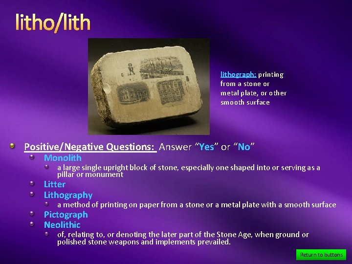 litho/lithograph: printing from a stone or metal plate, or other smooth surface Positive/Negative Questions: