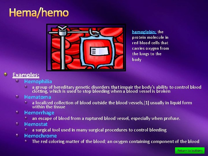 Hema/hemoglobin: the protein molecule in red blood cells that carries oxygen from the lungs