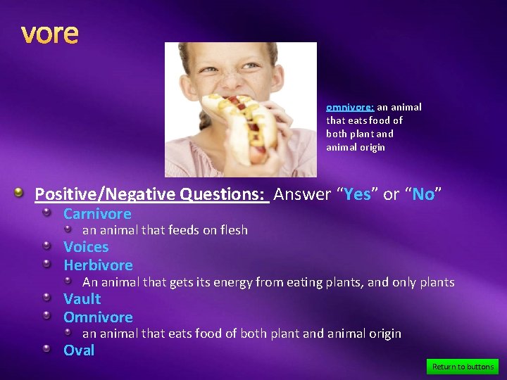 vore omnivore: an animal that eats food of both plant and animal origin Positive/Negative